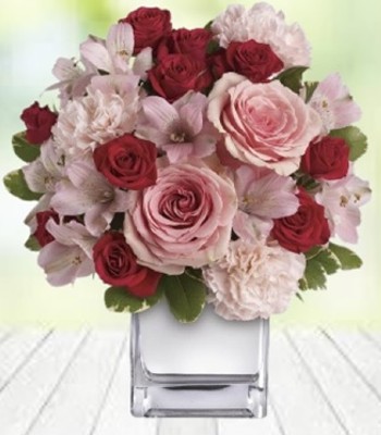 Red and Pink Roses In Chic Mirrored Silver Cube