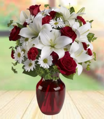 Love and Romance Arrangement - Rose, Lily and Daisy In Ruby Red Vase