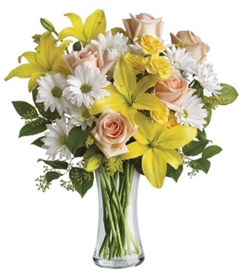 Peach & Yellow Roses with Fragrant Yellow Lilies