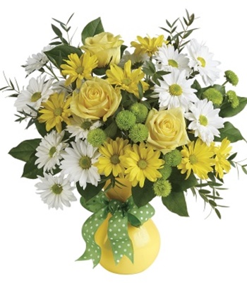 Yellow and White Flowers in Yellow Vase