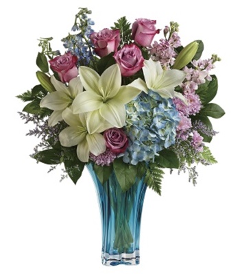 Sweet Heart Flowers in Azure Blown Glass Vase