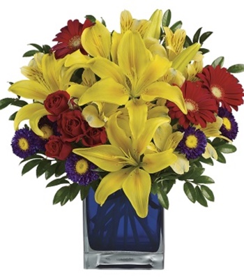 Tropical Trinidad Flowers In Chic Blue Cube Vase