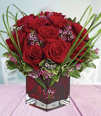 Anniversary Flower Bouquet- Red Roses in Red Cube Vase