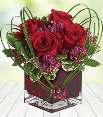 Romantic Red Roses in Red Cube Vase