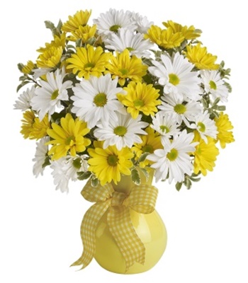 White & Yellow Daisies In Cheerful Yellow Vase