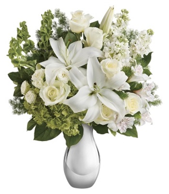 Shimmering White Holiday Flower Arrangement In Vase