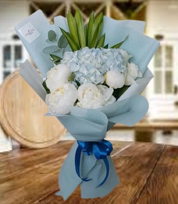 Blue Hydrangea and Rose Bouquet