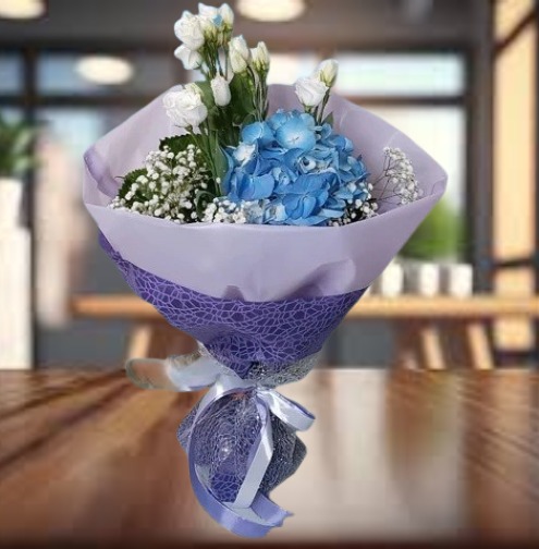 Blue Hydrangea Bouquet with White Lisianthus & Baby Breath