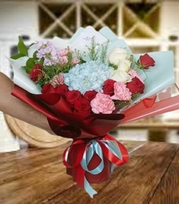 Blue Hydrangea Bouquet with Carnations and Red Roses