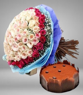 Bouquet Of Roses With Tiramisu Cake