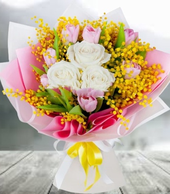 Lilies and Roses with Mimosa Flowers