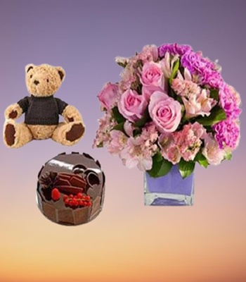 Alstromerias, Carnations & Roses With Cake And Teddy Bear