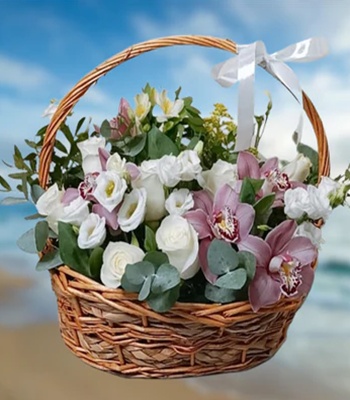 Mix Flowers in Dark Brown Wooden Basket