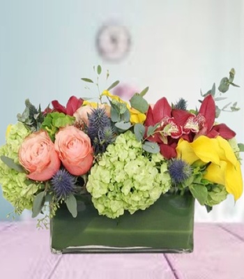 Mix Flowers Table Centerpiece in Rectangular Glass Vase