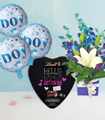 Flowers For Him ? Orchids & Lilies With Lindt Chocolates And Balloons