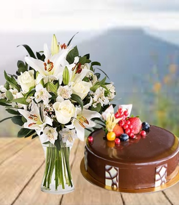 Oriental Lilies And Roses With Chocolate Truffle Cake