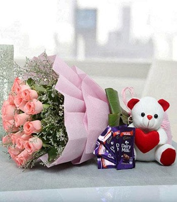 20 Pink Roses With Chocolate And Teddy Bear
