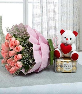 Pink Rose Bouquet With Chocolate And Teddy Bear