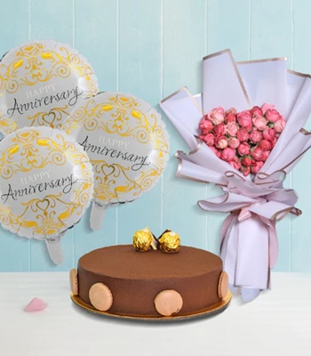 Heart Shape Pink Rose Bouquet With Ferrero Rocher Cake & Balloons