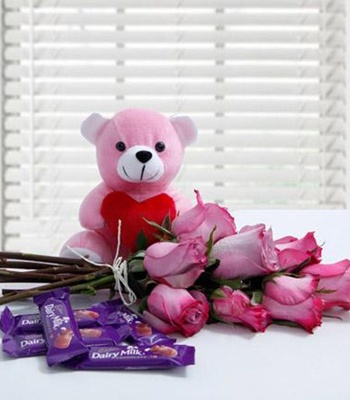 Purple Roses With Chocolate And Teddy Bear