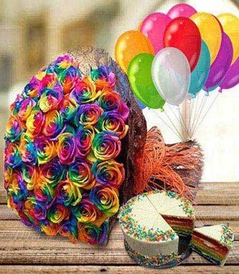 Rainbow Roses With Rainbow Cake And Balloons