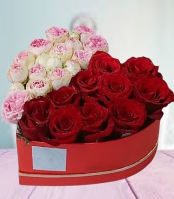 Red and Pink Roses in Heart Box