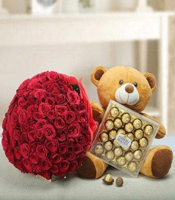 50 Red Roses With Chocolate And Teddy Bear
