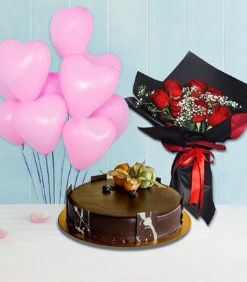 Red Roses With Chocolate Truffle Cake And Balloons
