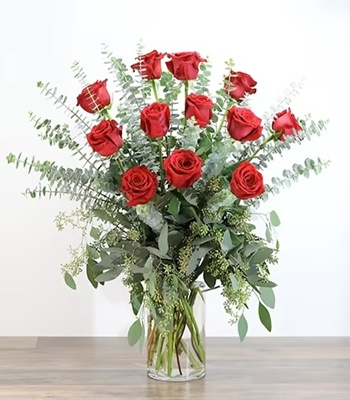 Red Roses With Eucalyptus Leaves