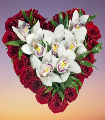 Red Roses With White Cymbidium- Heart Shape