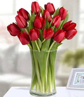 Red Tulip Arrangement in Clear Glass Vase