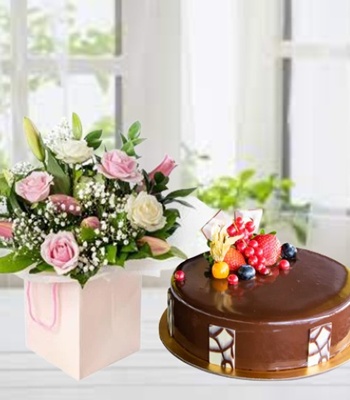 Rose And Lily Bouquet With Chocolate Truffle Cake