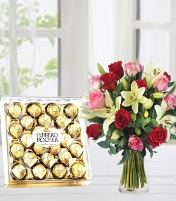 Rose And Lily Arrangement With Ferrero Rocher - Free Glass Vase