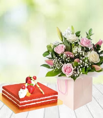 Rose And Lily Arrangement With Red Velvet Cake ? Free Glass Vase