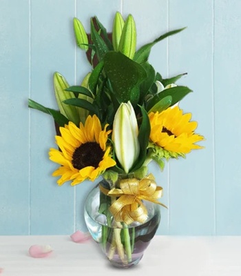 Sunflower and Lily Arrangement - Free Vase