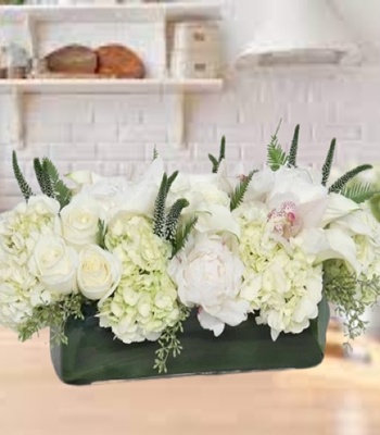 White Flowers Centerpiece in Rectangular Glass Vase