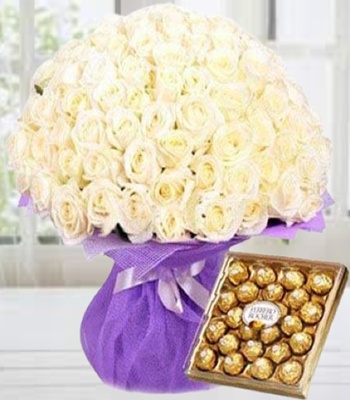 110 White Roses With Ferrero Rocher Chocolates