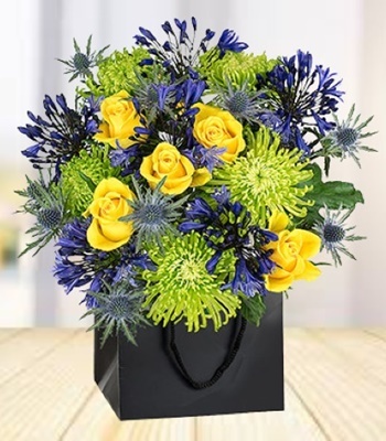 Blue Agapanthus and Yellow Rose Bouquet