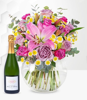 Fragrant Oriental Lilies And Roses With Champagne