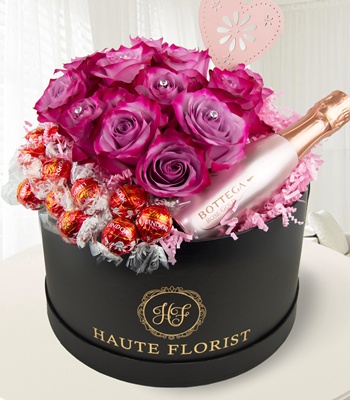 Roses and Lindt Chocolate in Hat Box