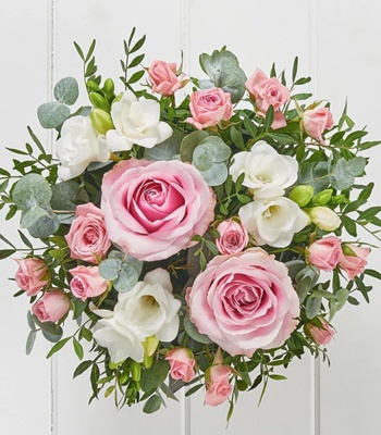 Pink and White Roses Arranged in Hatbox