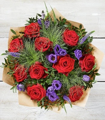 Red Roses With Blue or Purple Flowers