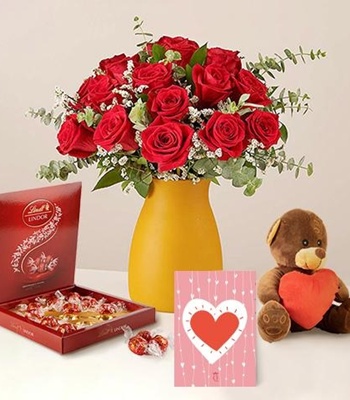 Valentine's Day Gift Set - Dozen Red Roses, Chocolates, Card and Teddy Bear