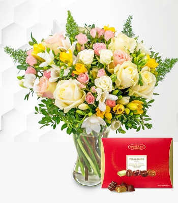 Rose And Freesia Flowers With Chocolates