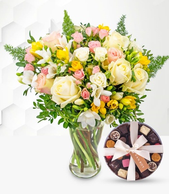 Rose And Freesia With Belgian Chocolates