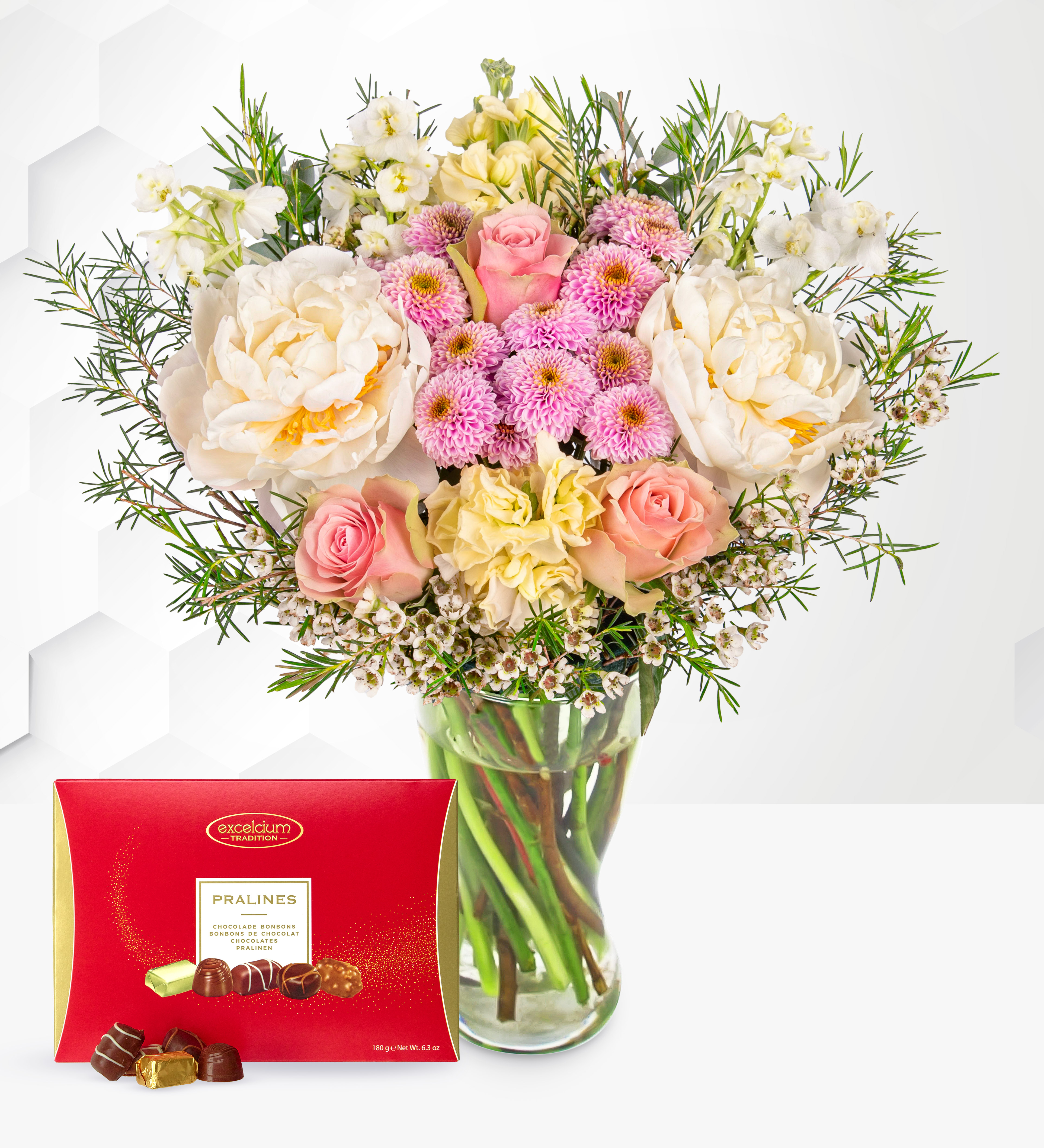 Timeless Peony Bouquet With Chocolates
