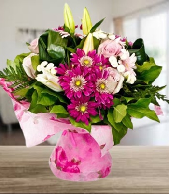 Mix Flower Bouquet - Lily, Chrysanthemums and Roses Hand-Tied