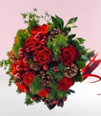Christmas Red Roses with Pine Cones and Xmas Tree Balls