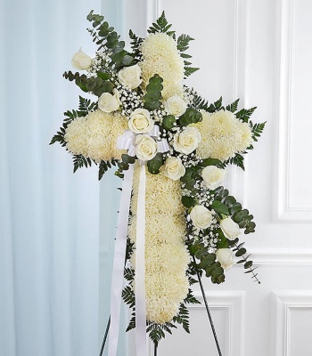 All White Funeral Cross Arrangement