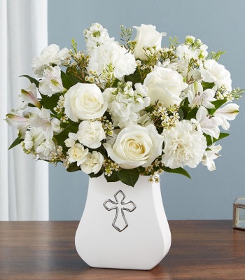 All White Sympathy Flowers in Cross Vase